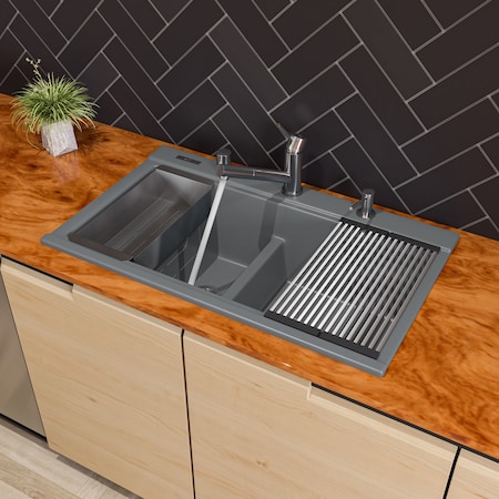 Alfi Brand 33 inch Granite Composite Workstation Double Bowl Drop In Sink w Accessories AB3418DBDI-T